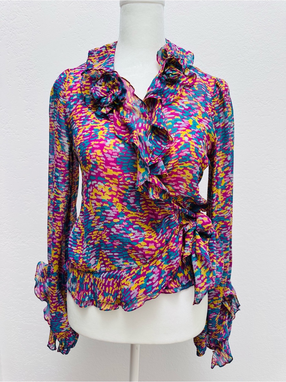 Ruffled Tie-Front Blouse in Multicolor Print